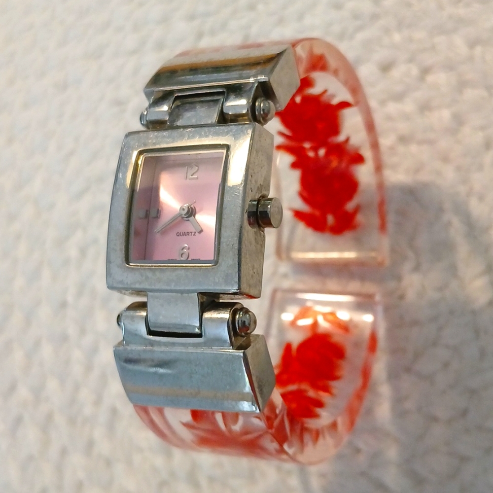 Quartz Watch Hinged Lucite Pink Rose 🌹 Floral Cuff Band